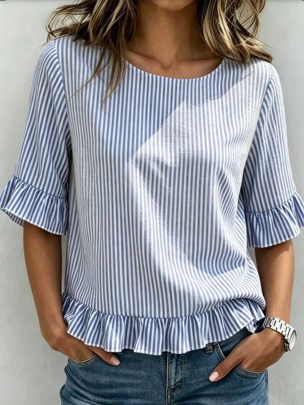Striped Blue Ruffle Sleeve Women's Top